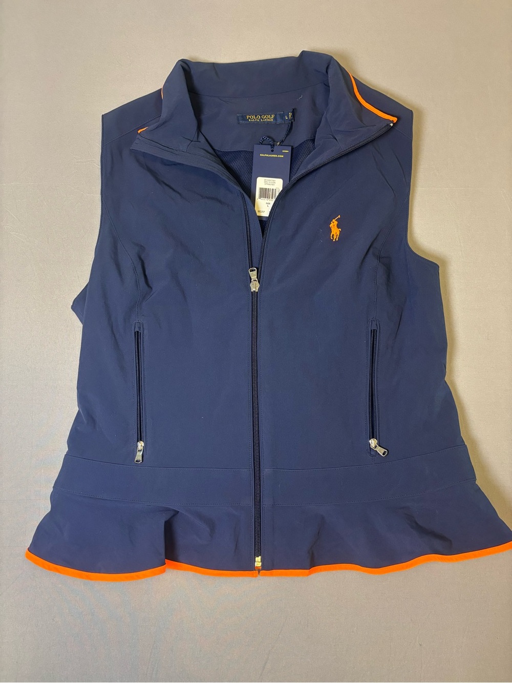 Polo Ralph Lauren Navy Sleeveless Zip Vest with Orange Trim Size Large NWT